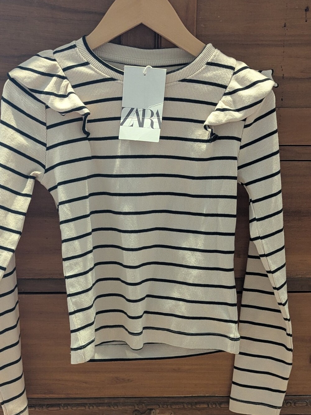 Zara Cream Long-Sleeve Ribbed Top with Black Stripes
